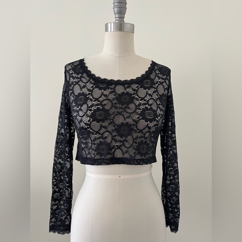 90s style black lace cropped top, small